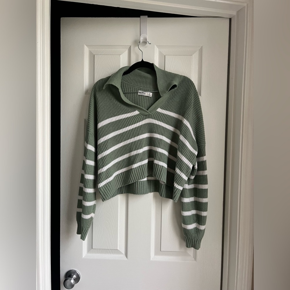 Hollister Green and White Striped V-Neck Sweater